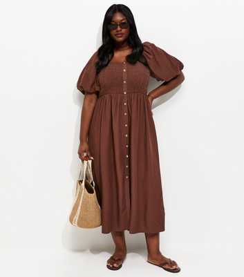Curves Dark Brown Button Front Milkmaid Midi Dress