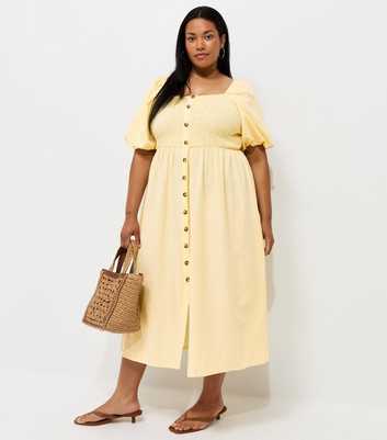 Curves Light Yellow Button Front Milkmaid Midi Dress