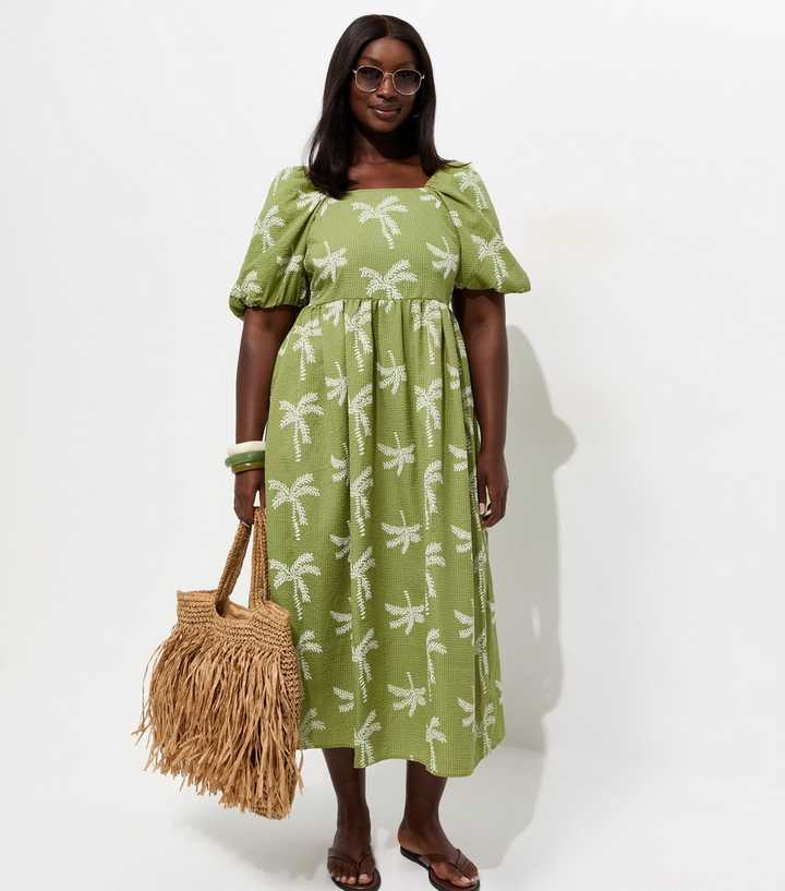 Curves Green Palm Embroidered Seersucker Midi Dress