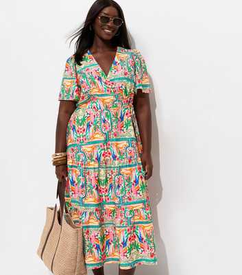 Curves Multicolour Parrot Print Crepe Wrap Dress