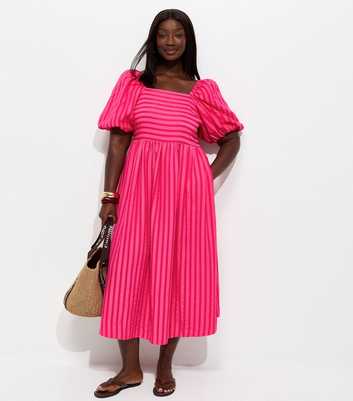 Curves Dark Khaki Striped Seersucker Puff Sleeve Midi Dress