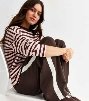 Petite Premium Dark Brown Jersey Side Stripe Wide Leg Trousers