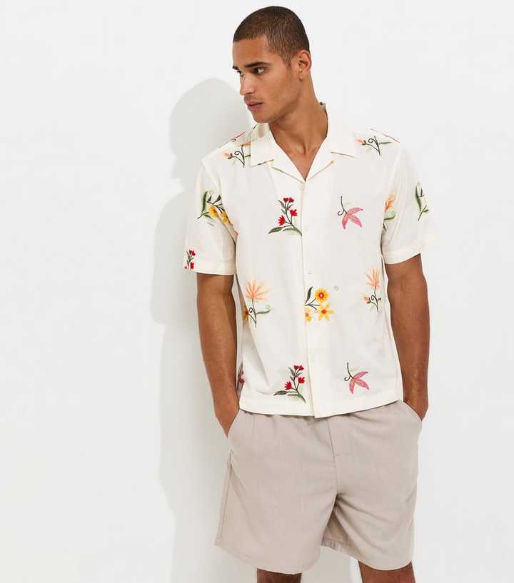 Only & Sons White Floral Embroidered Short Sleeve Shirt