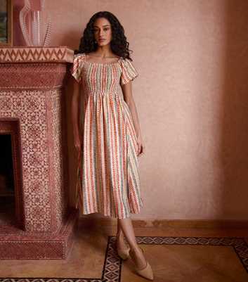 Blue Vanilla Orange Striped Shirred Midi Dress