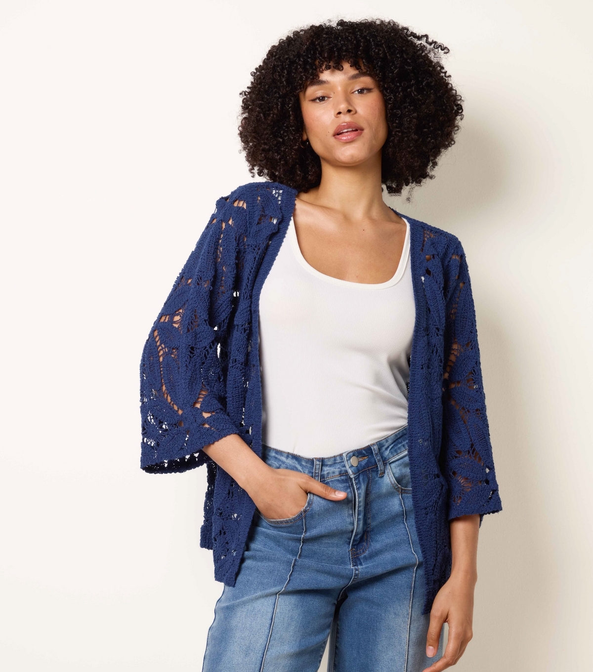 Women's Navy Crochet Cropped Sleeve Jacket Blue Vanilla New Look