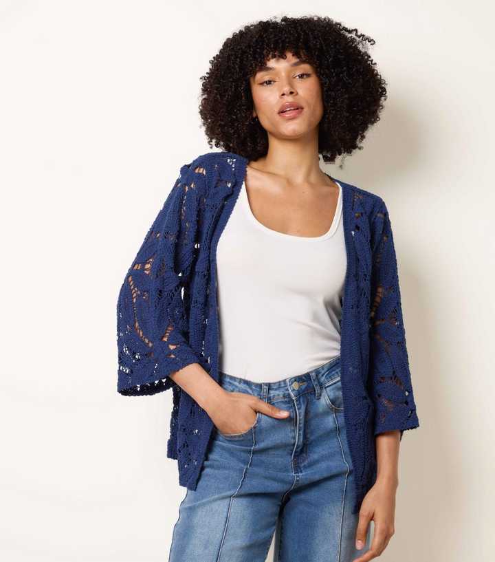 Blue Vanilla Navy Crochet Cropped Sleeve Jacket