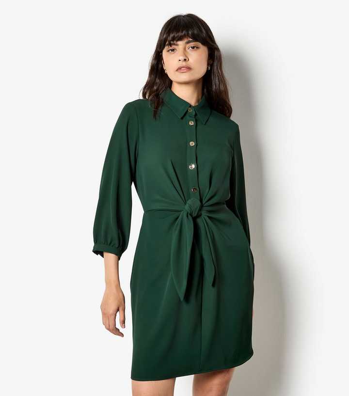 Apricot Dark Green Button Front Tie Detail Dress