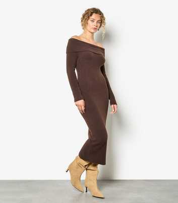 Apricot Fuzzy Dark Brown Ribbed Bardot Midi Dress