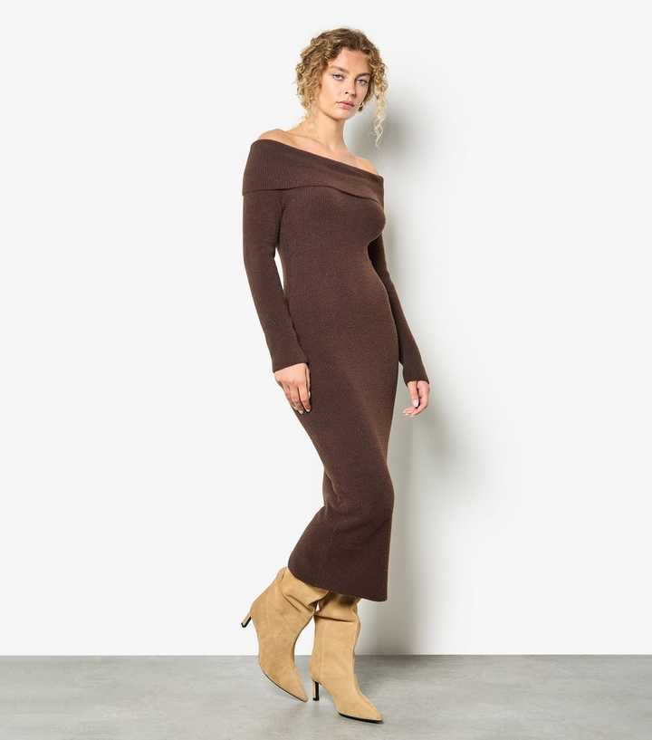 Apricot Fuzzy Dark Brown Ribbed Bardot Midi Dress | New Look Apricot Fuzzy Dark Brown Ribbed Bardot Midi Dress | New Look