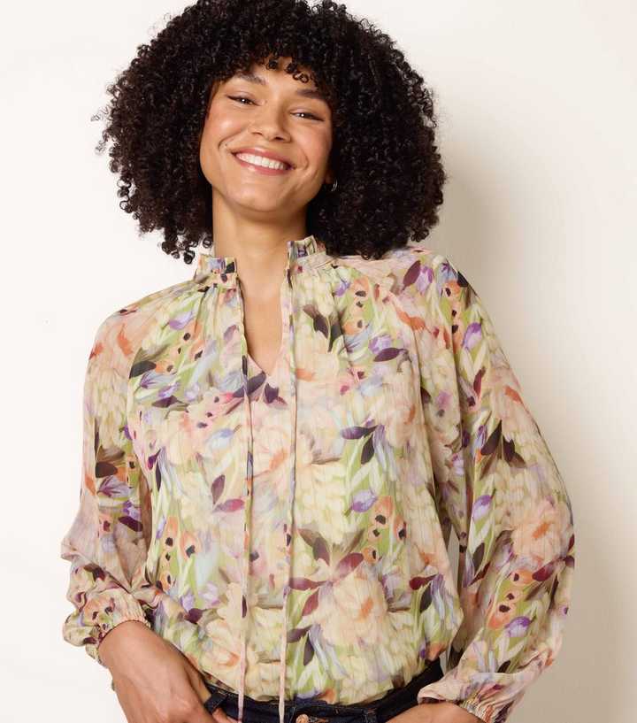 Blue Vanilla Green Floral Print Tie Front Blouse