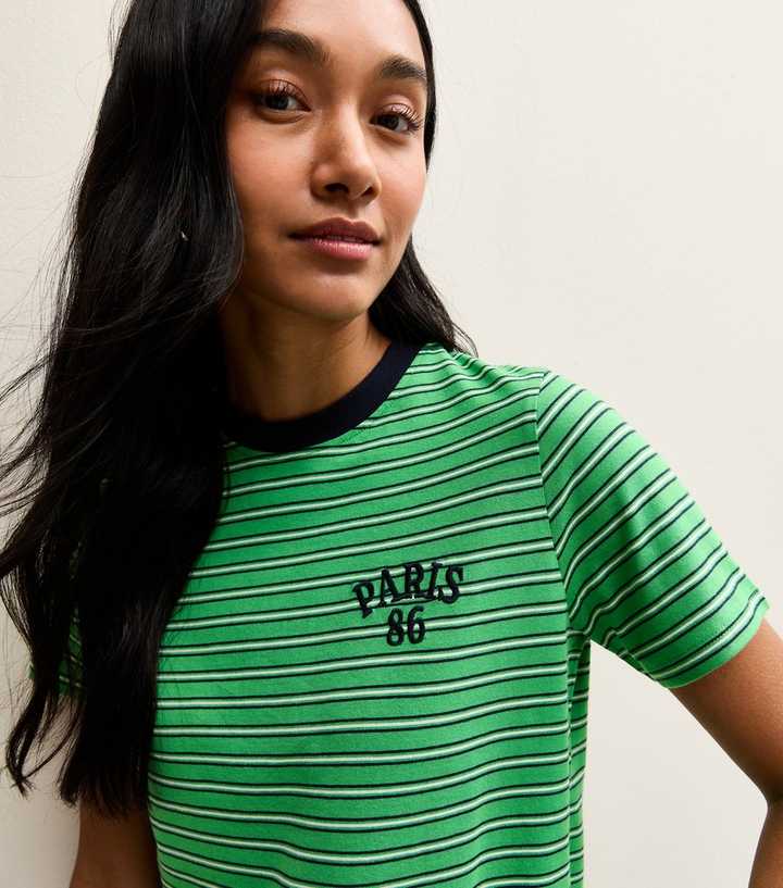 Green Cotton Striped Paris 86 Logo T-Shirt