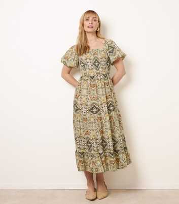 Blue Vanilla Green Abstract Print Puff Sleeve Midi Dress