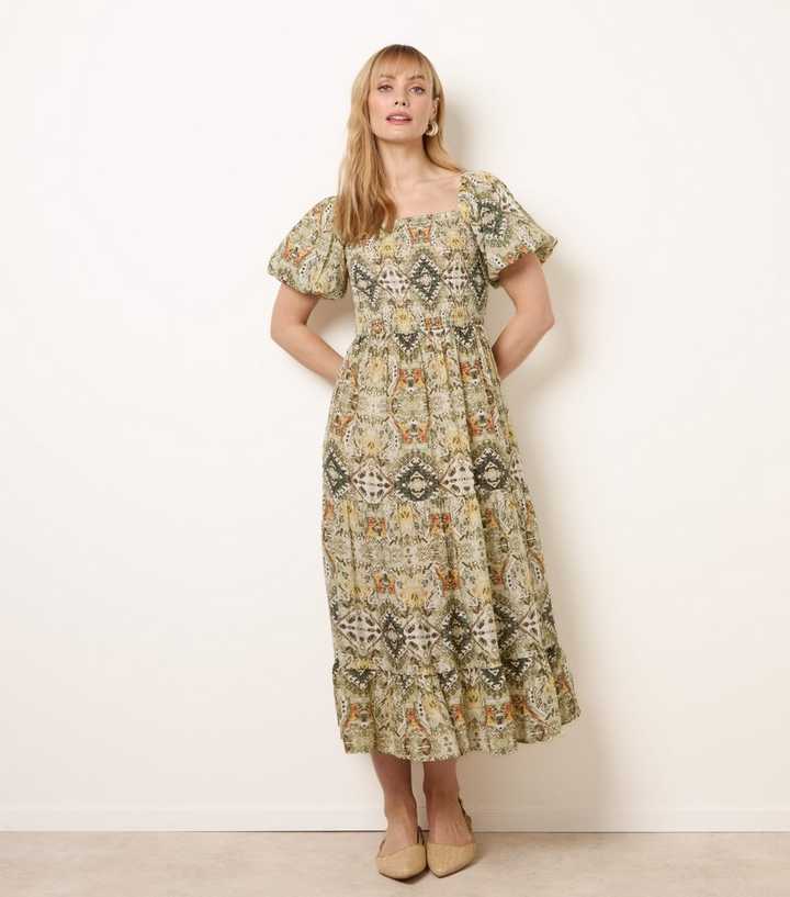 Blue Vanilla Green Abstract Print Puff Sleeve Midi Dress