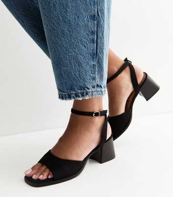 Black Faux Suede Curved Front Block Heel Sandals