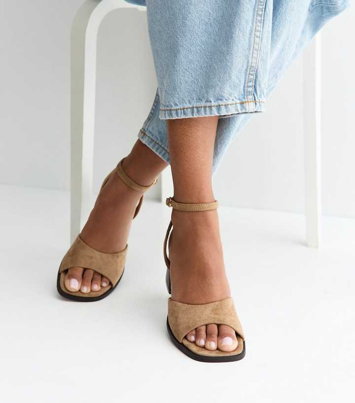 Light Brown Faux Suede Curved Front Block Heel Sandals