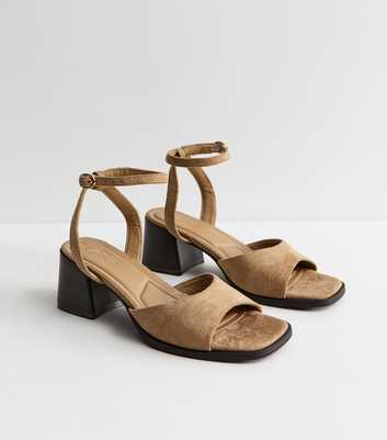 Light Brown Faux Suede Curved Front Block Heel Sandals