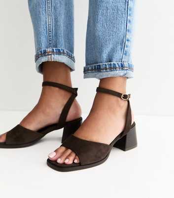 Brown Faux Suede Curved Front Block Heel Sandals