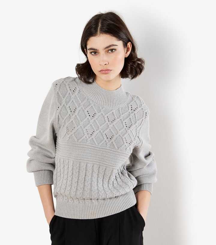 Apricot Grey Textured Knit High Neck Jumper