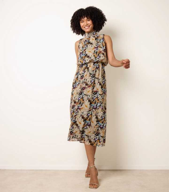 Blue Vanilla Black Floral Print Puffball Waist Midi Dress