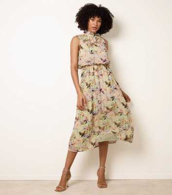 Blue Vanilla Green Floral Print Puffball Waist Midi Dress