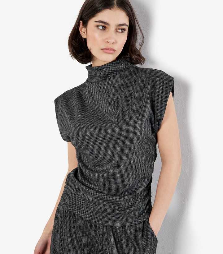 Apricot Dark Grey Dogtooth Pattern Ruched Top