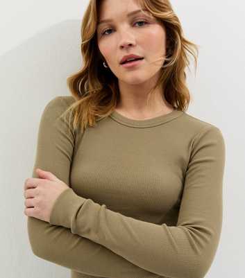 Light Khaki Ribbed Crew Neck Long Sleeve Top