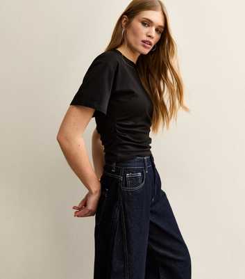 Black Ruched Waist Crew Neck T-Shirt