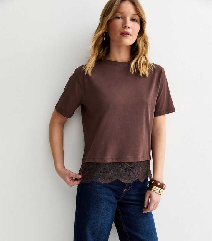 Brown Lace Hem Boxy T-Shirt