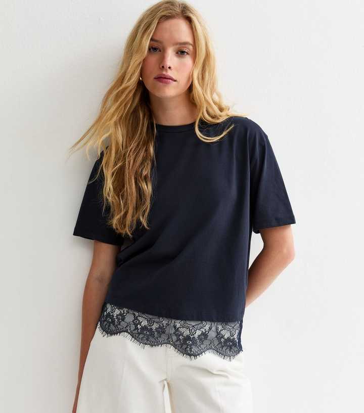 Navy Lace Hem Boxy T-Shirt