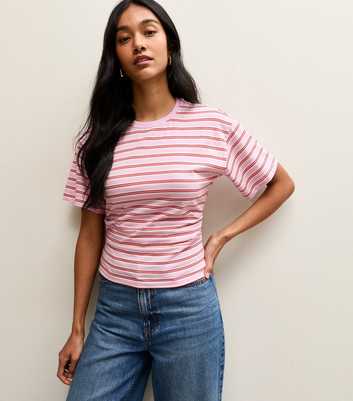 Pink Striped Ruched Waist Crew Neck T-Shirt