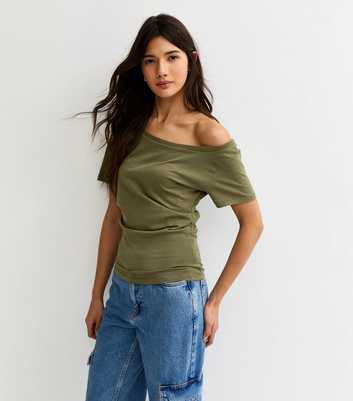 Light Khaki Off The Shoulder Ruched T-Shirt