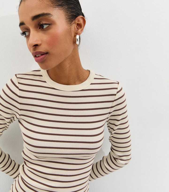 Cream Striped Rib Crew Neck Long Sleeve Top