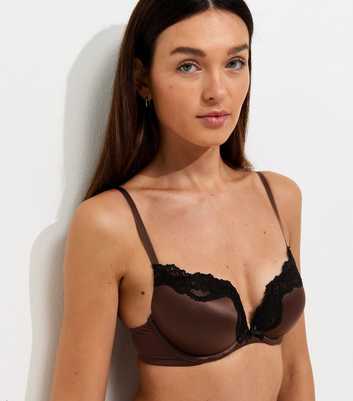 Dark Brown Satin & Lace Plunge Bra