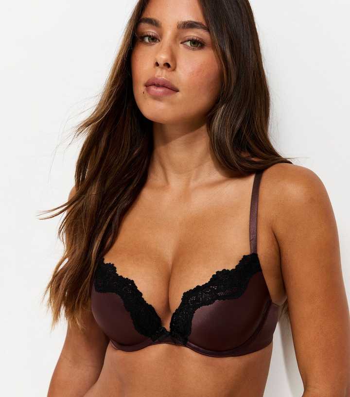 Dark Brown Satin & Lace Plunge Bra