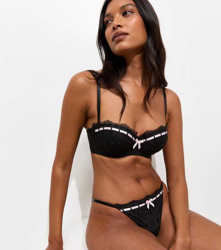 Black Ribbon Slot Embroidered Balcony Bra