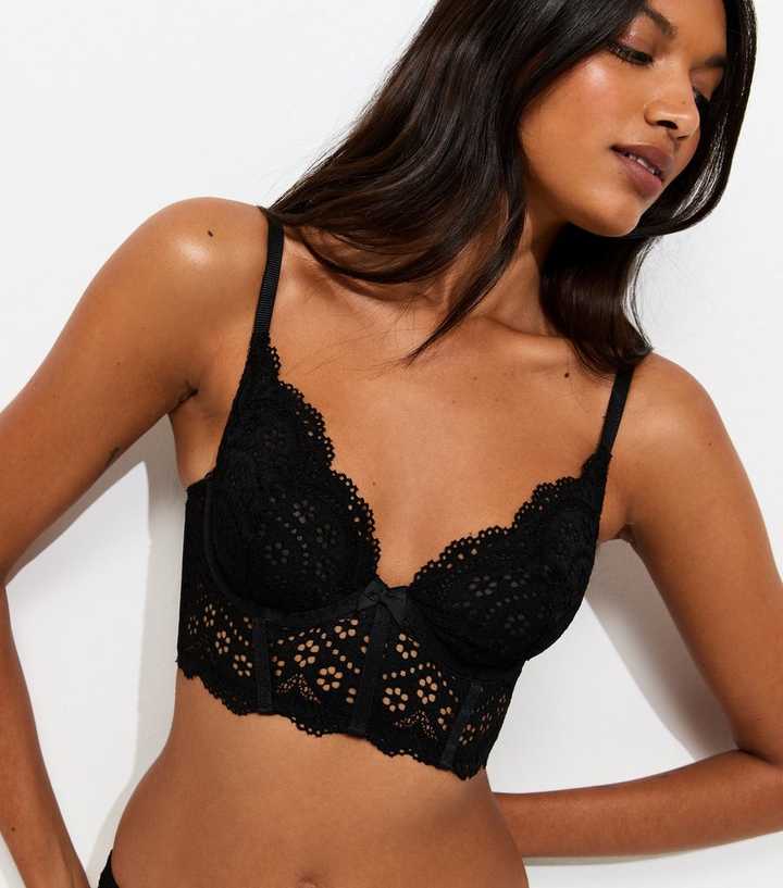 Black Cutwork Lace Longline Balcony Bra