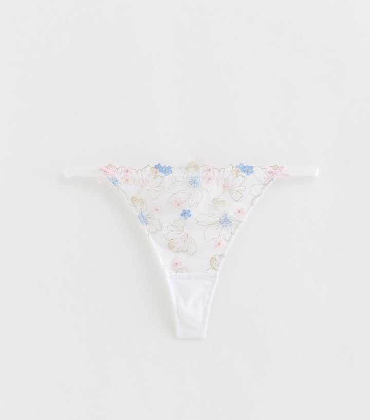 White Floral Embroidered Thong