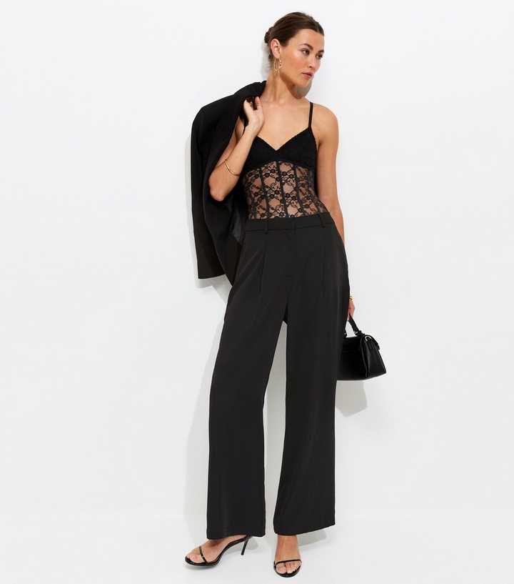 Black Non-Wired Floral Lace Thong Bodysuit