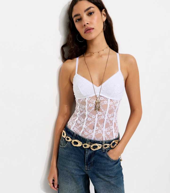White Non-Wired Floral Lace Thong Bodysuit