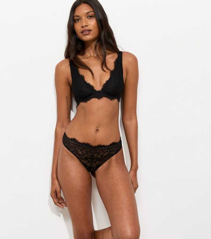 Black Eyelash Lace Thong