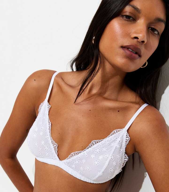 White Daisy Embroidered Non Padded Triangle Bralette
