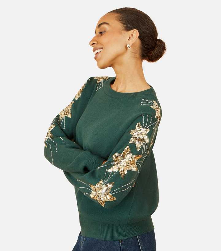 Yumi Dark Green Star Sequin Knit Jumper