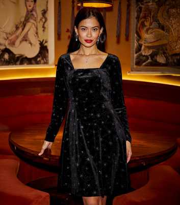 Yumi Black Star Foil Long Sleeve Mini Dress