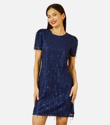 Yumi Navy Sequin Tassel Mini T-Shirt Dress