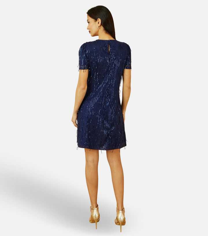 Yumi Navy Sequin Tassel Mini T-Shirt Dress | New Look