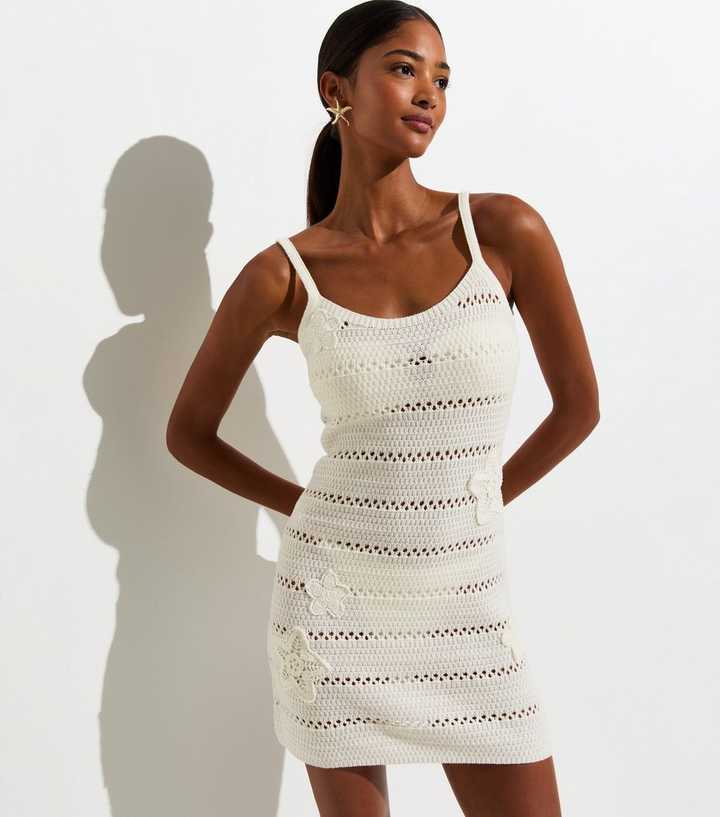 White Cotton Rich Floral Crochet Beach Mini Dress