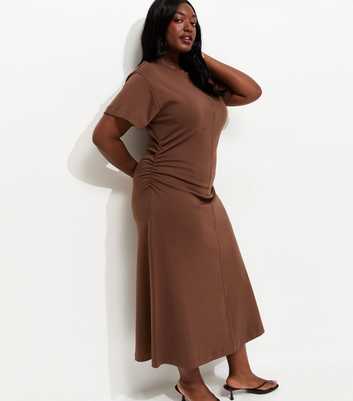 Curves Dark Brown Shirred Side Jersey Midi Dress