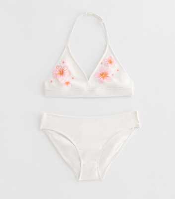 Girls White Hibiscus Triangle Bikini Top and Bottoms Set