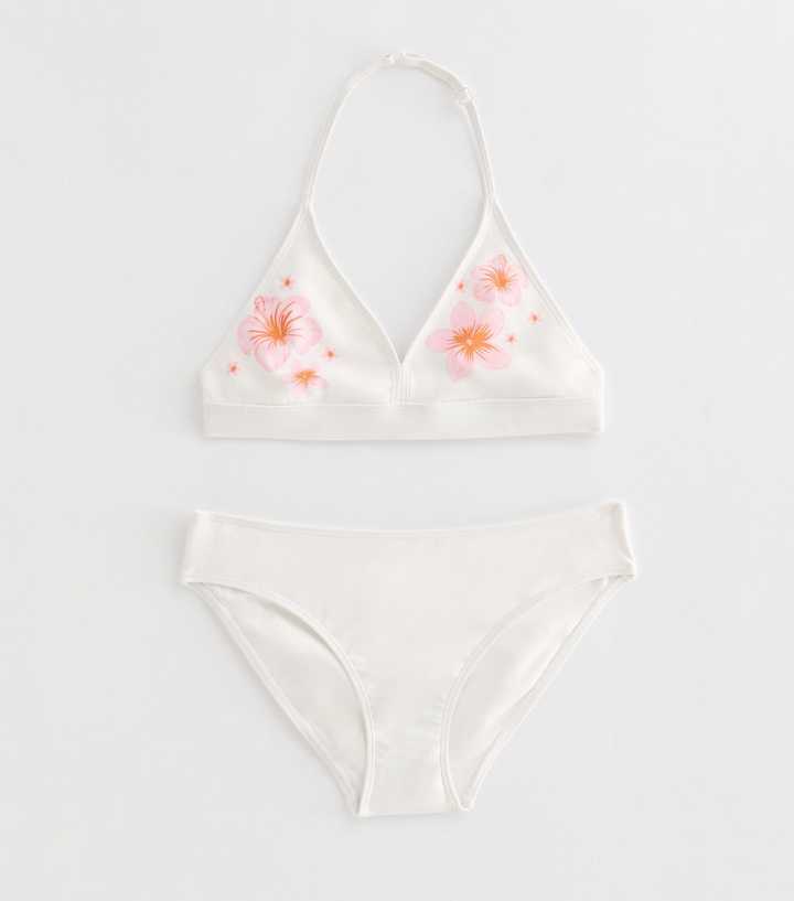 Girls White Hibiscus Triangle Bikini Top and Bottoms Set