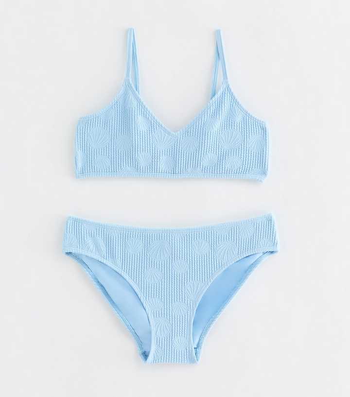 Girls Light Blue Jacquard Crop Top and Bottoms Bikini Set